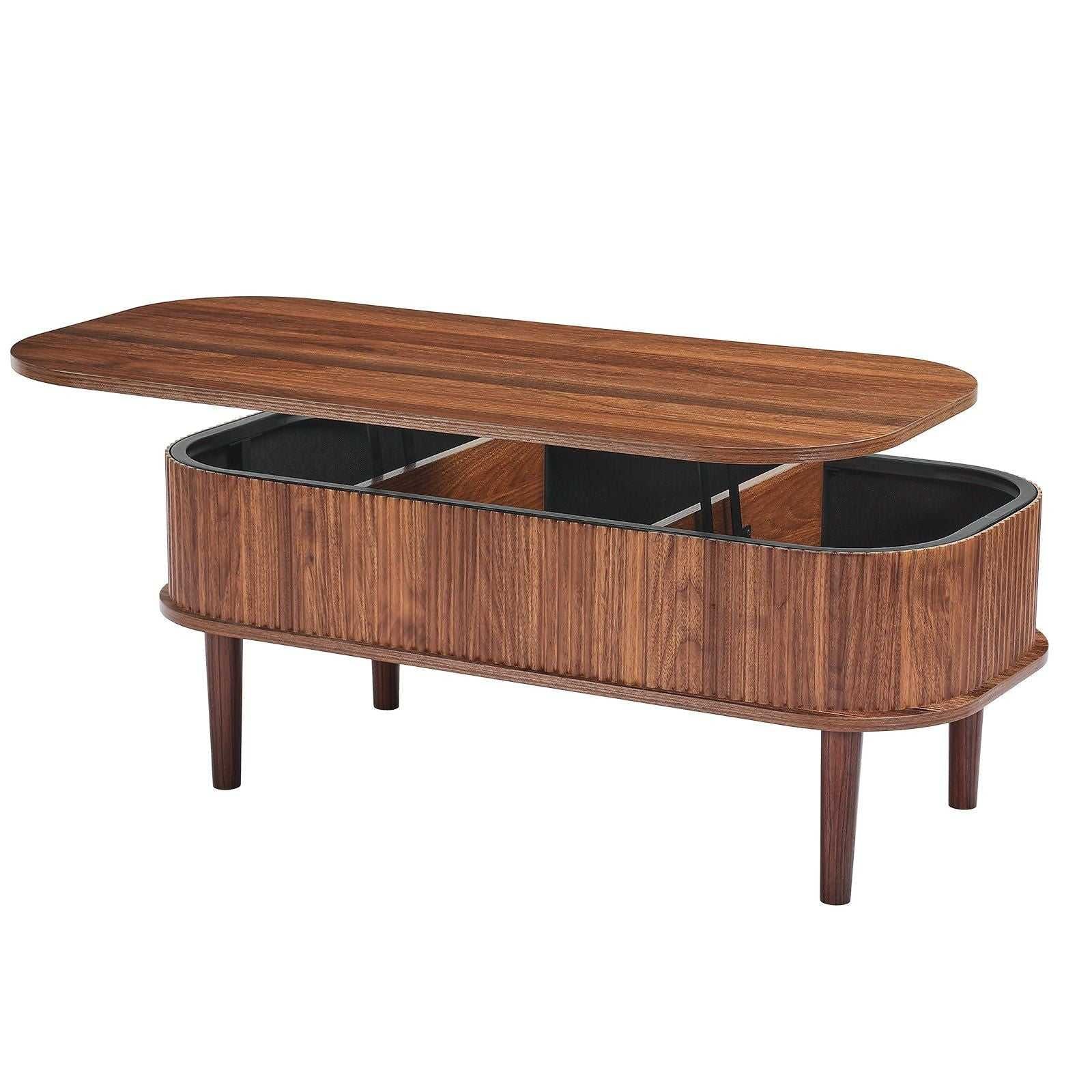 39.4 in Lift Top Coffee Table, Fluted Oval Coffee Table with 3 Hidden Compartment, Mid Century Wooden Oval Center Desk with Storage, Lift Up Tabletop for Home & Office, Easy Assembly, Walnut - luxuryhomedecoridea.com
