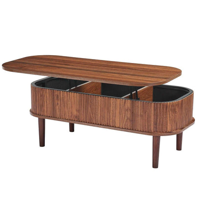 39.4 in Lift Top Coffee Table, Fluted Oval Coffee Table with 3 Hidden Compartment, Mid Century Wooden Oval Center Desk with Storage, Lift Up Tabletop for Home & Office, Easy Assembly, Walnut - luxuryhomedecoridea.com