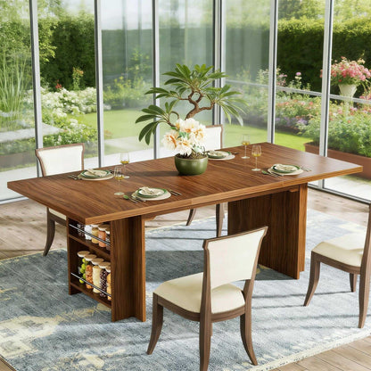 Farmhouse Dining Table Wooden Kitchen Table with Shelves for 6 to 8 - luxuryhomedecoridea.com
