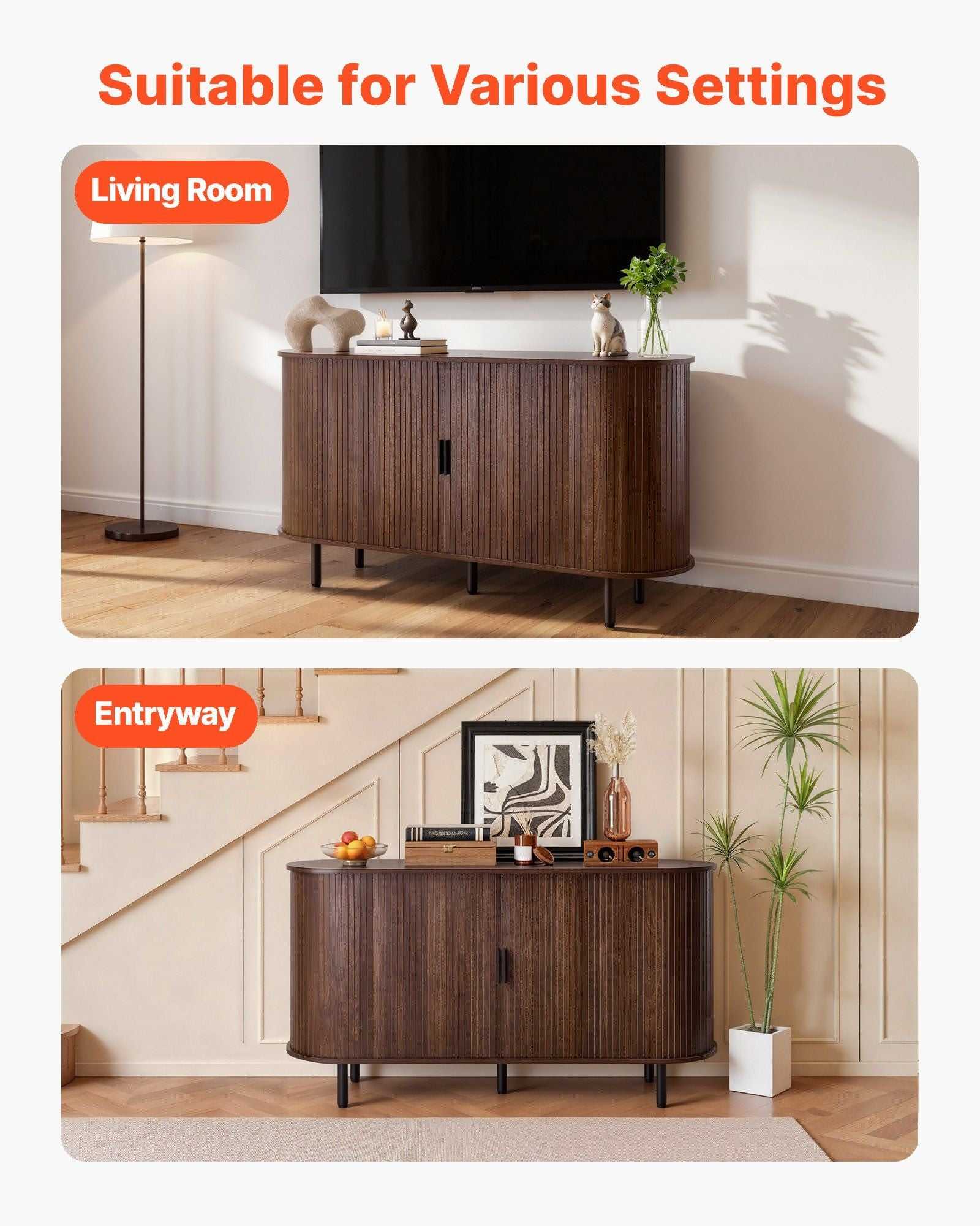 Coffee Bar Cabinet, Mid Century Fluted Coffee Bar Table, Buffet Stand Cabinet with 2 Sliding Doors, Sideboard Buffet Station for Living Room, Entryway, Kitchen, 55.1 x 15.7 x 29.5 in, Walnut - luxuryhomedecoridea.com