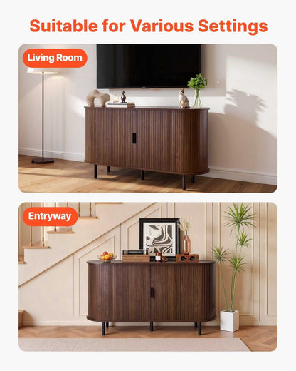 Coffee Bar Cabinet, Mid Century Fluted Coffee Bar Table, Buffet Stand Cabinet with 2 Sliding Doors, Sideboard Buffet Station for Living Room, Entryway, Kitchen, 55.1 x 15.7 x 29.5 in, Walnut - luxuryhomedecoridea.com