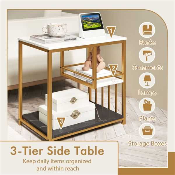 3-Tier Side Table with Marble Top & Gold Frame, Modern 23.5" End Table for Living Room Bedroom - luxuryhomedecoridea.com