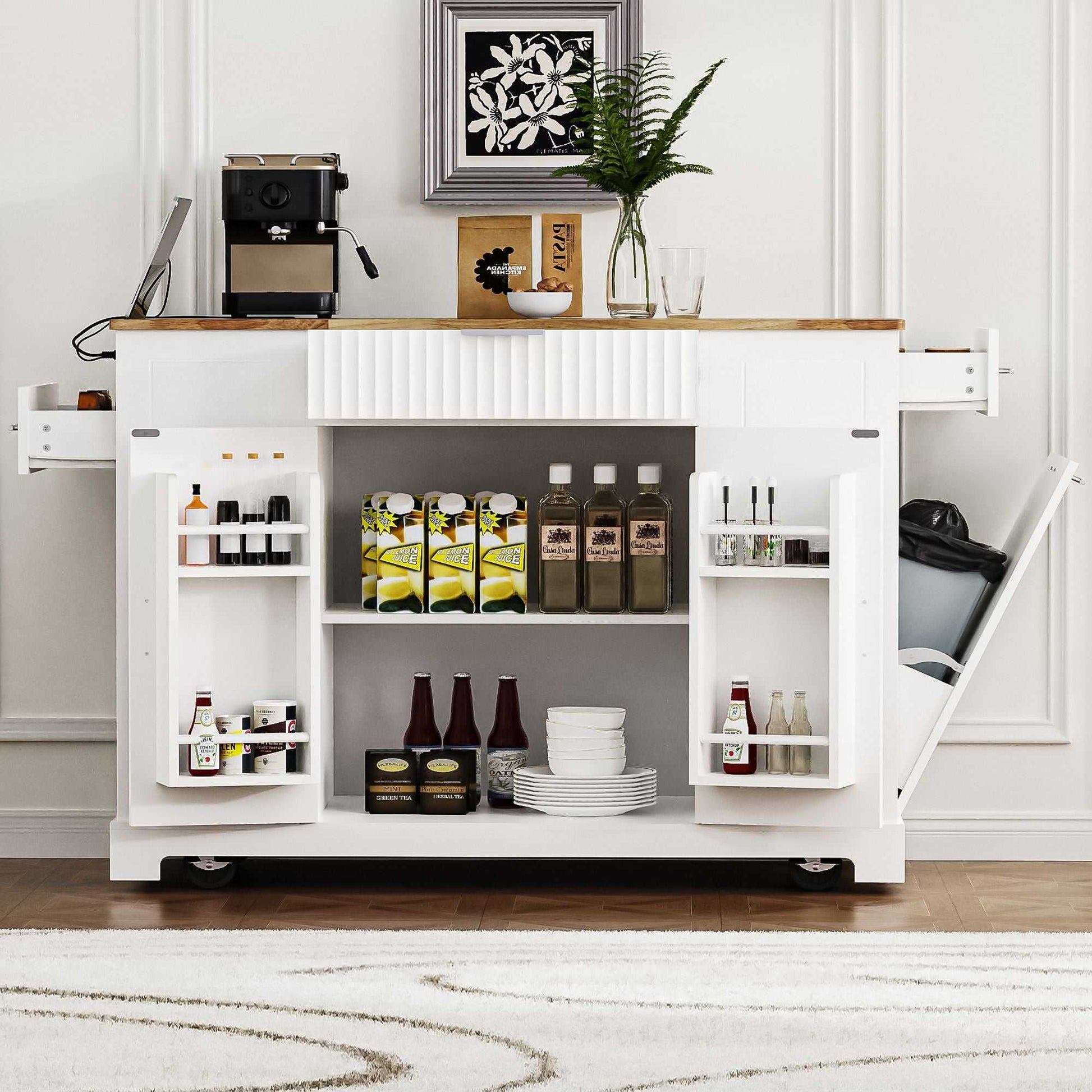 Fluted Kitchen Island with Trash Can Storage Cabinet, Power Outlet, Internal Storage Rack, Rolling Kitchen Islands on 5 Wheels with 3 Drawer, 3 Open Side Racks for 10 Gallon Garbage Bin - luxuryhomedecoridea.com