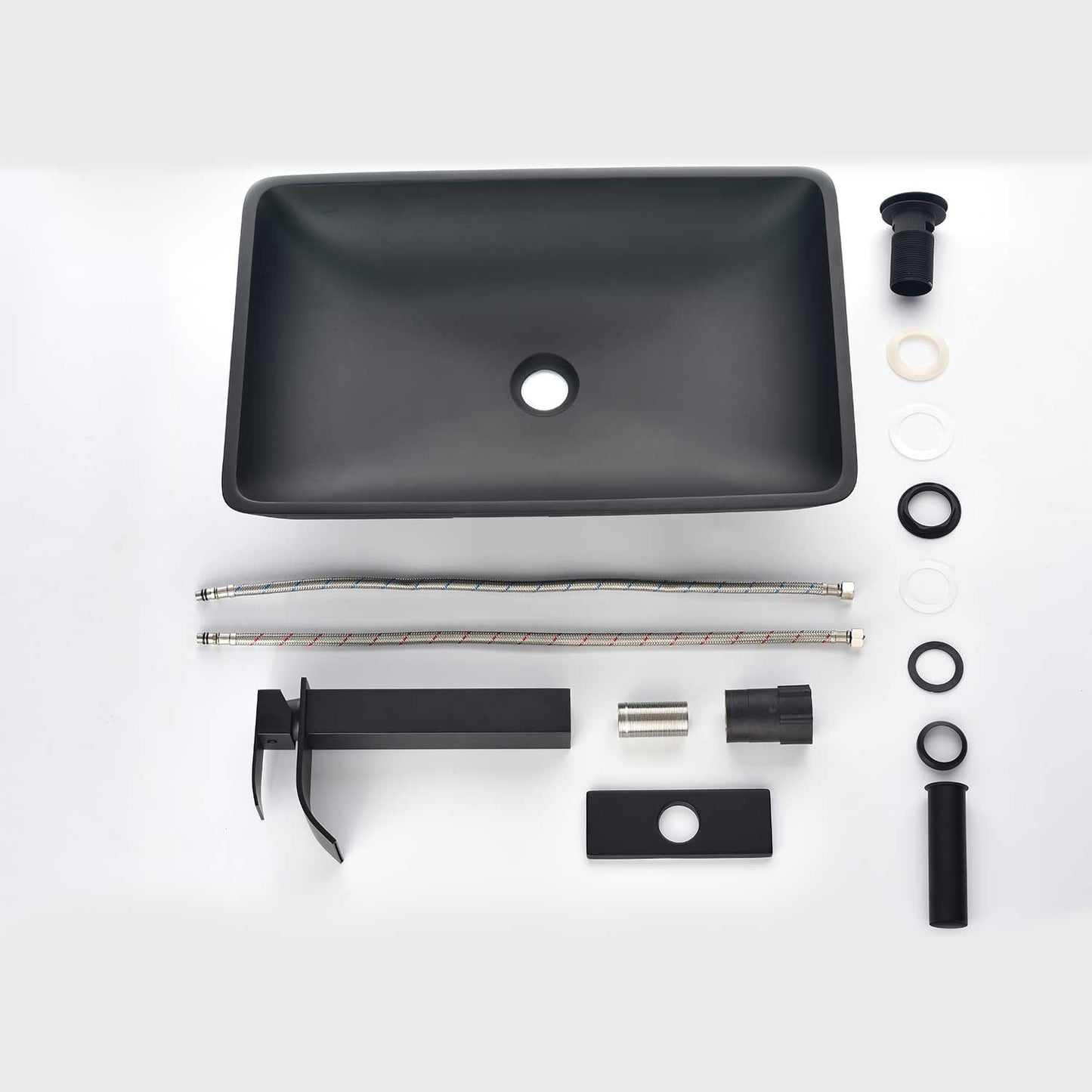 14.38" L -22.25" W -4-3/8 in. H Matte Shell Glass Rectangular Vessel Bathroom Sink in Black with Faucet and Pop-Up Drain in Matte Black - luxuryhomedecoridea.com