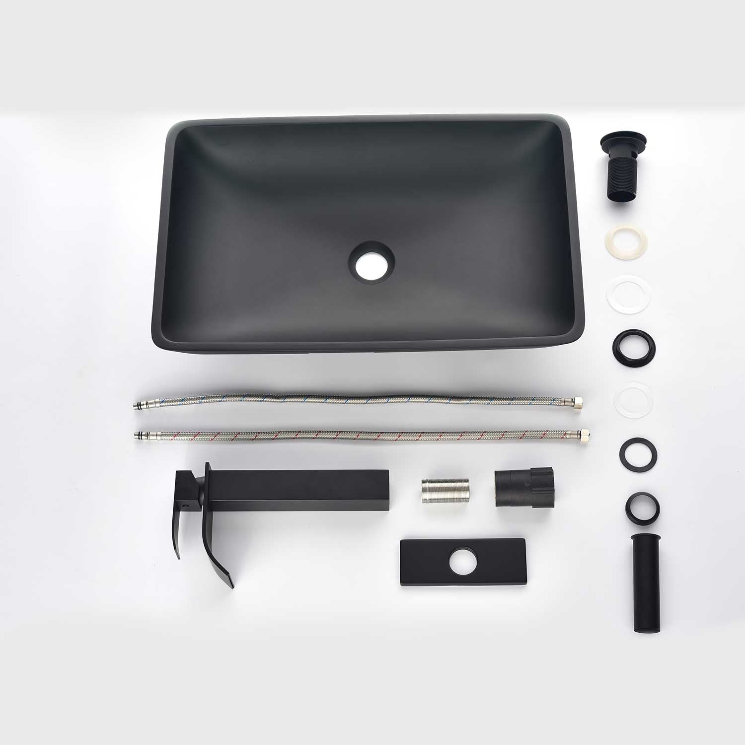 14.38" L -22.25" W -4-3/8 in. H Matte Shell Glass Rectangular Vessel Bathroom Sink in Black with Faucet and Pop-Up Drain in Matte Black - luxuryhomedecoridea.com