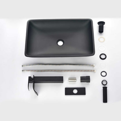 14.38" L -22.25" W -4-3/8 in. H Matte Shell Glass Rectangular Vessel Bathroom Sink in Black with Faucet and Pop-Up Drain in Matte Black - luxuryhomedecoridea.com