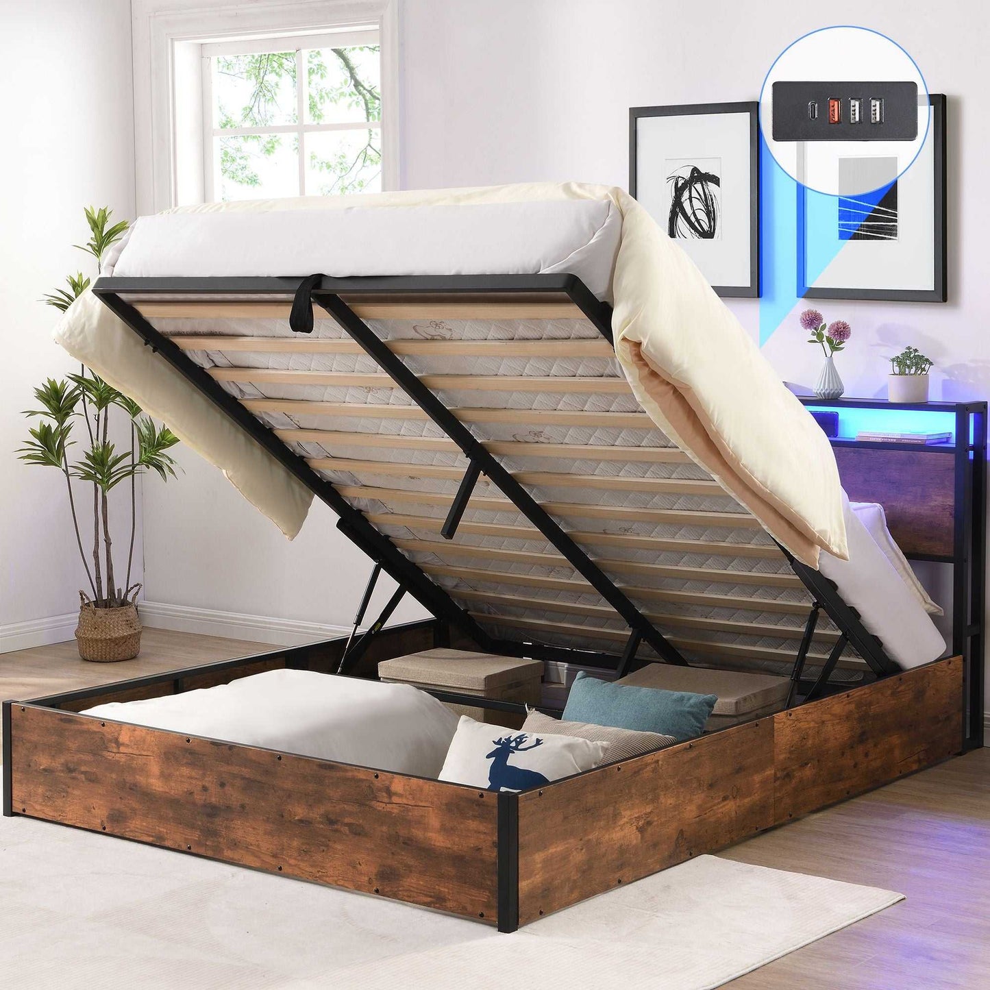 Lift-up Storage Bed Frame, Full Size Bed Frame with Bookcase Headboard & LED Lights, Wooden Platform Bed Frame with Charging Station, No Spring Box Needed, Rustic Brown - luxuryhomedecoridea.com
