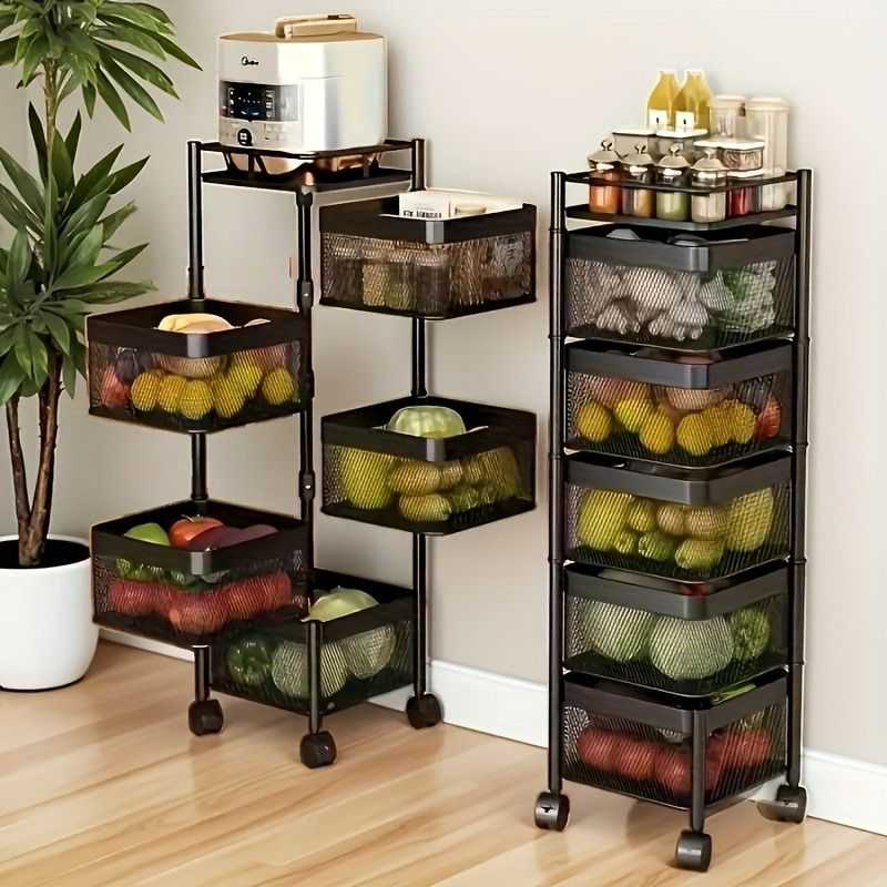 Rotating Kitchen Storage Shelf 5 Tier, Metal Fruit Vegetable Storage Basket Multi-Layer Vegetable Rack Storage Trolley on Wheels, Floor-Standing Basket for Kitchen Bathroom, Square - luxuryhomedecoridea.com