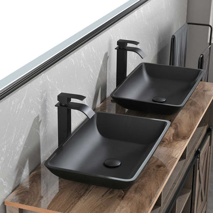 14.38" L -22.25" W -4-3/8 in. H Matte Shell Glass Rectangular Vessel Bathroom Sink in Black with Faucet and Pop-Up Drain in Matte Black - luxuryhomedecoridea.com