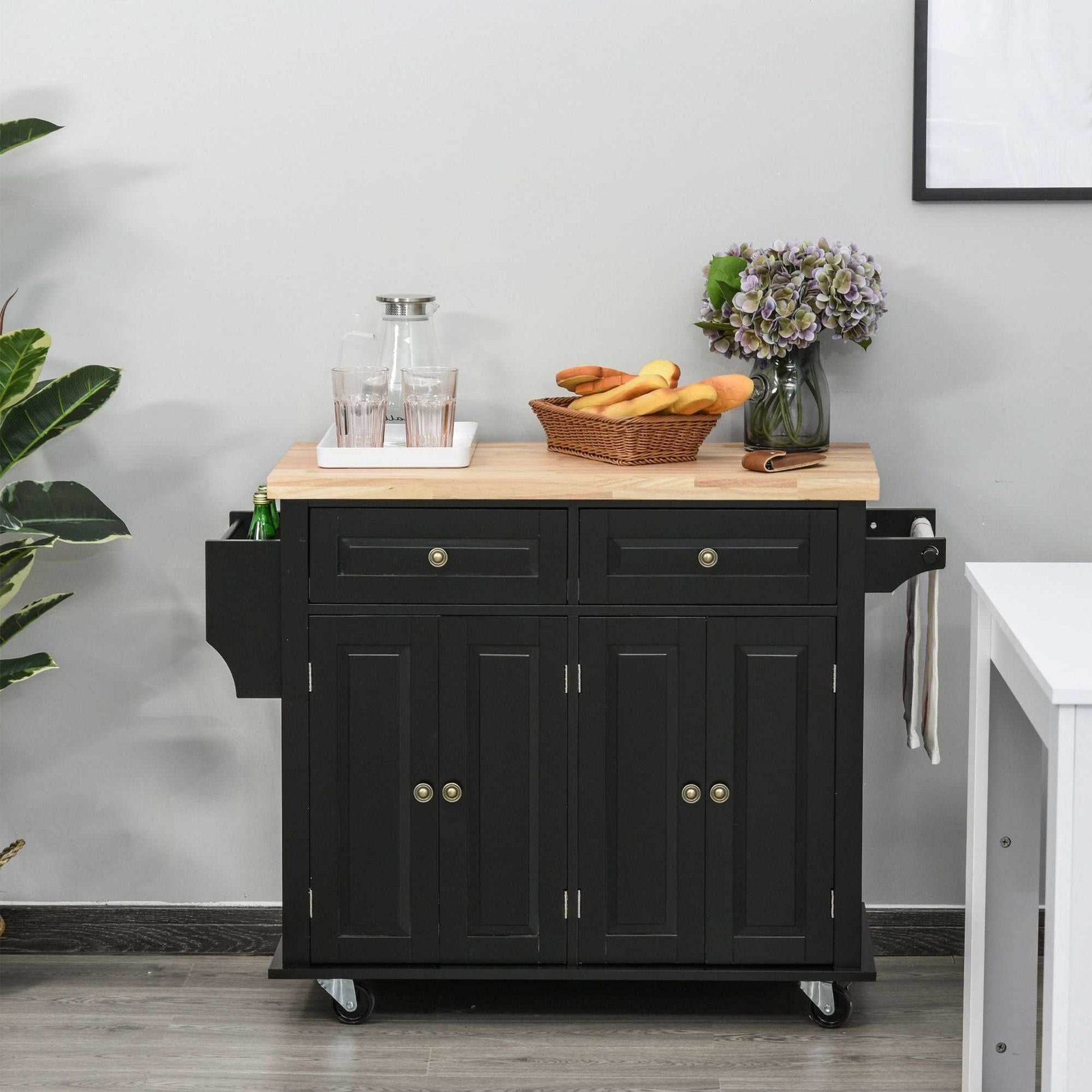 Kitchen Island Cart with Rubber Wood Top, Rolling Kitchen Island Table on Wheels with Drawers, Adjustable Shelves, Spice Rack and Towel Rack for Dining Room, Black - luxuryhomedecoridea.com