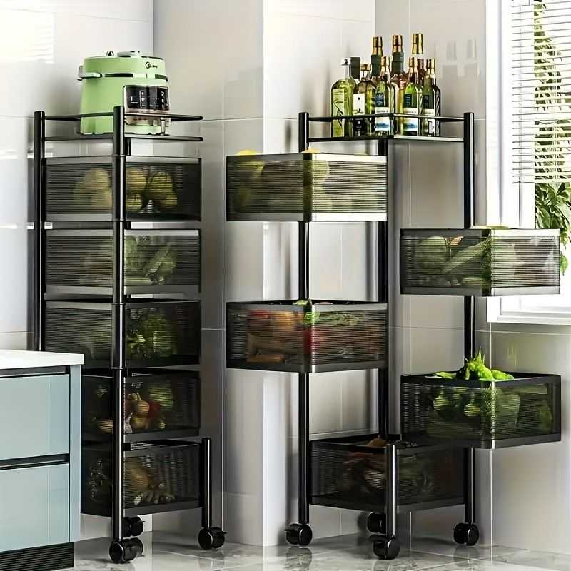 Rotating Kitchen Storage Shelf 5 Tier, Metal Fruit Vegetable Storage Basket Multi-Layer Vegetable Rack Storage Trolley on Wheels, Floor-Standing Basket for Kitchen Bathroom, Square - luxuryhomedecoridea.com