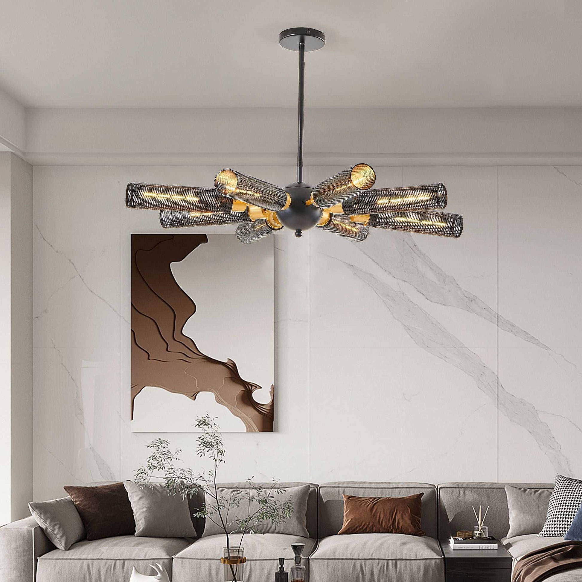 34" Modern Industrial Sputnik Chandelier, 8-Light Black and Gold Metal Pendant Light with Mesh Shades, E26 Base, Adjustable Height for Dining Room, Living Room, or Kitchen Island (Bulb Not Included) - luxuryhomedecoridea.com
