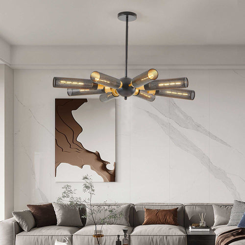 34" Modern Industrial Sputnik Chandelier, 8-Light Black and Gold Metal Pendant Light with Mesh Shades, E26 Base, Adjustable Height for Dining Room, Living Room, or Kitchen Island (Bulb Not Included) - luxuryhomedecoridea.com
