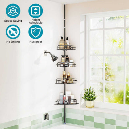 Corner Shower Caddy Tension Pole, Quick Setup, Rust-Free Bathroom Shower Organizer Corner for Bathtub Shampoo Storage, 4-Tier Adjustable Shelf, Drill Free, Fits 8.66 to 116 Inch Height, Black - luxuryhomedecoridea.com