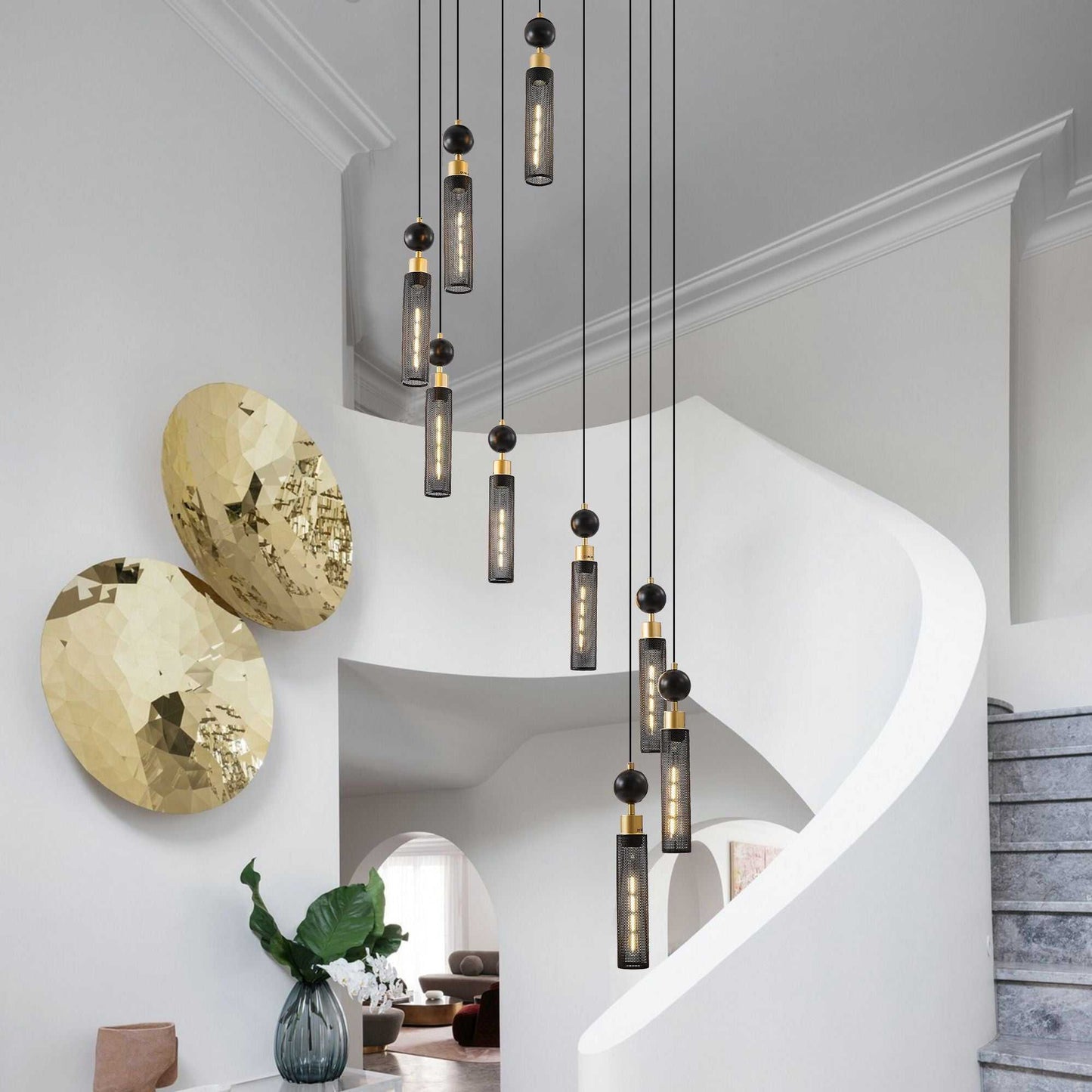24" Modern Industrial Multi-Light Pendant Chandelier - 9-Light Black and Gold Adjustable Ceiling Light Fixture with Mesh Cylinder Shades for Living Room, Dining Room, or Staircase (Bulb Not Included) - luxuryhomedecoridea.com