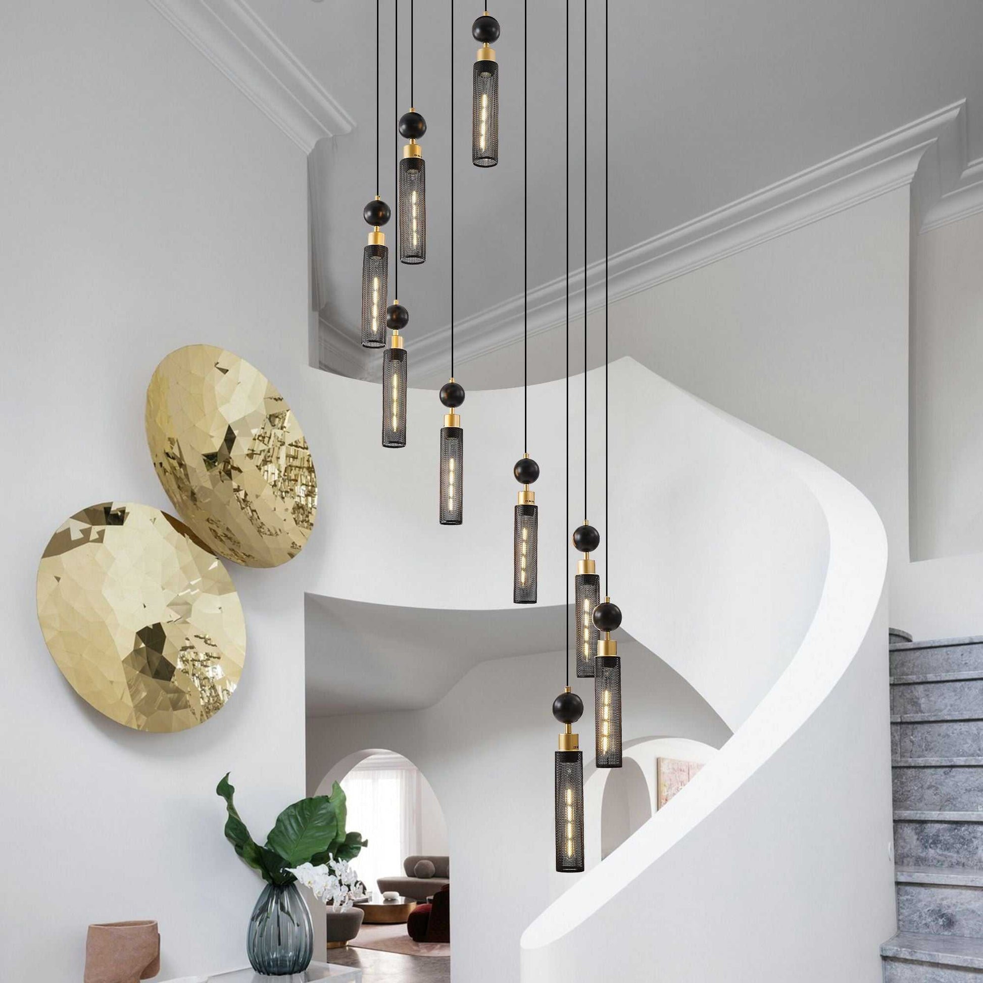 24" Modern Industrial Multi-Light Pendant Chandelier - 9-Light Black and Gold Adjustable Ceiling Light Fixture with Mesh Cylinder Shades for Living Room, Dining Room, or Staircase (Bulb Not Included) - luxuryhomedecoridea.com