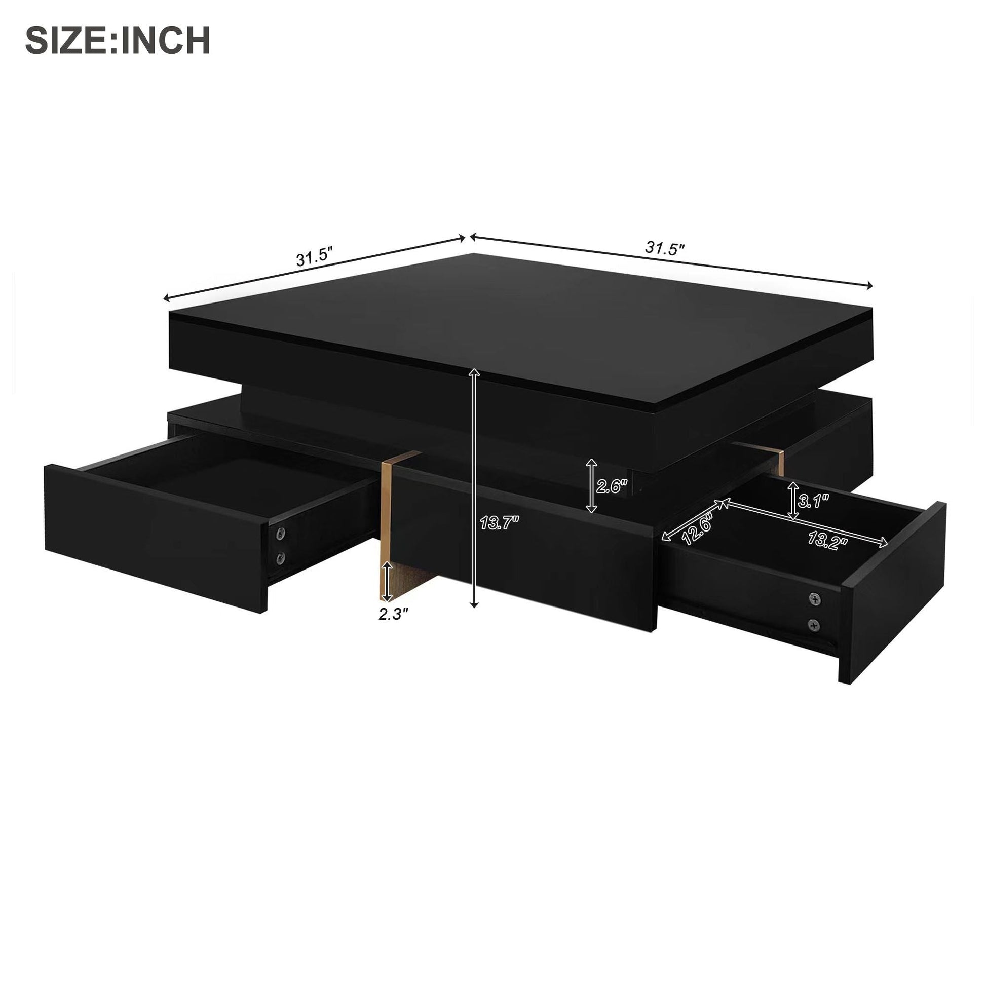 ON-TREND Modern High Gloss Coffee Table with 4 Drawers, Multi-Storage Square Cocktail Tea Table with Wood Grain Legs, Center Table for Living Room, 31.5''x31.5'', Black - luxuryhomedecoridea.com