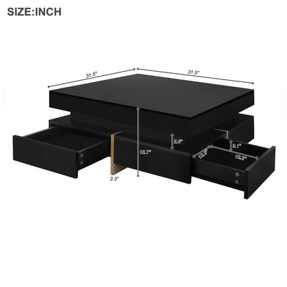 ON-TREND Modern High Gloss Coffee Table with 4 Drawers, Multi-Storage Square Cocktail Tea Table with Wood Grain Legs, Center Table for Living Room, 31.5''x31.5'', Black - luxuryhomedecoridea.com
