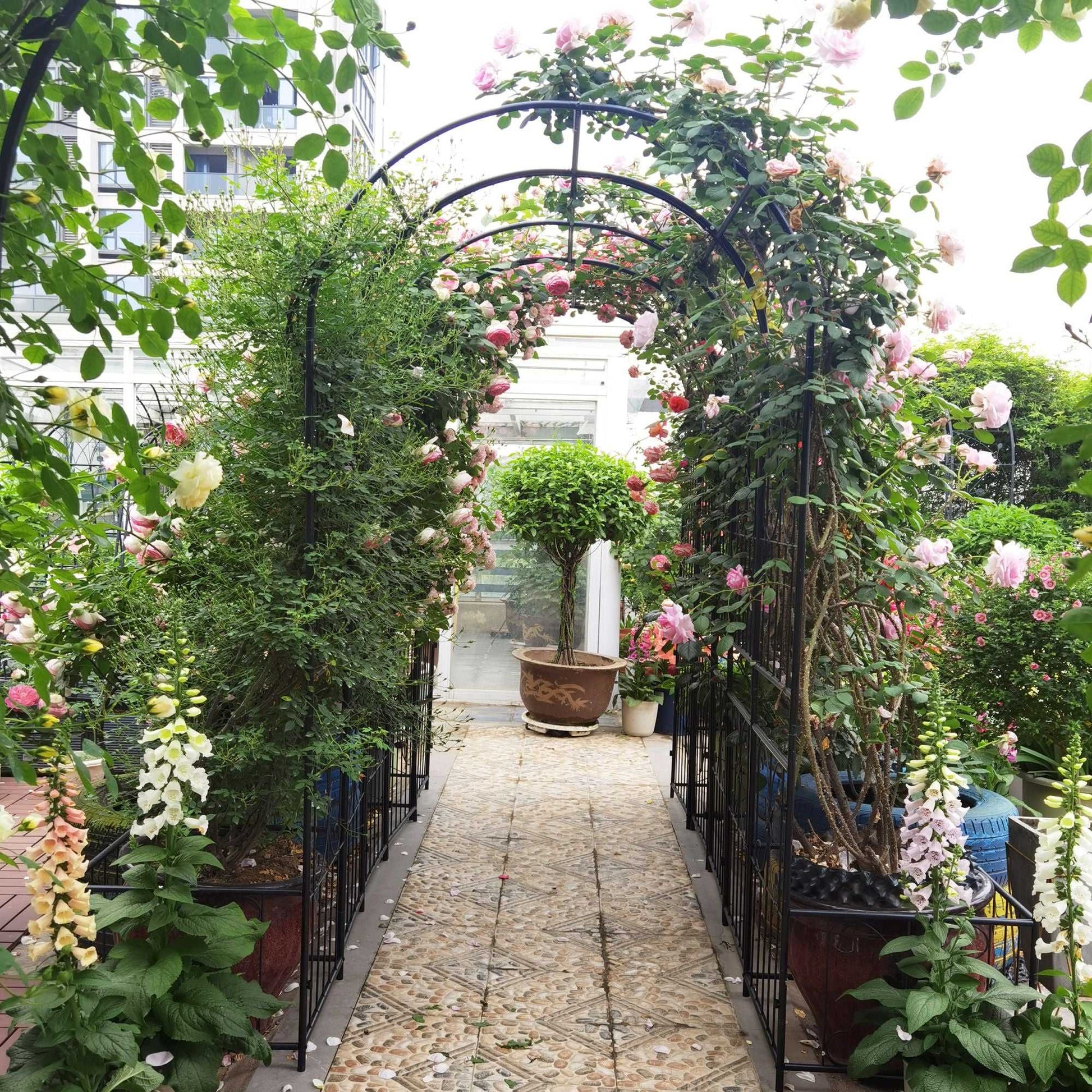 Elegant Metal Garden Arch with Dual Plant Stands - 79.5'' Wide x 86.6'' High Climbing Support for Roses & Vines - Outdoor Black Trellis Decoration - luxuryhomedecoridea.com