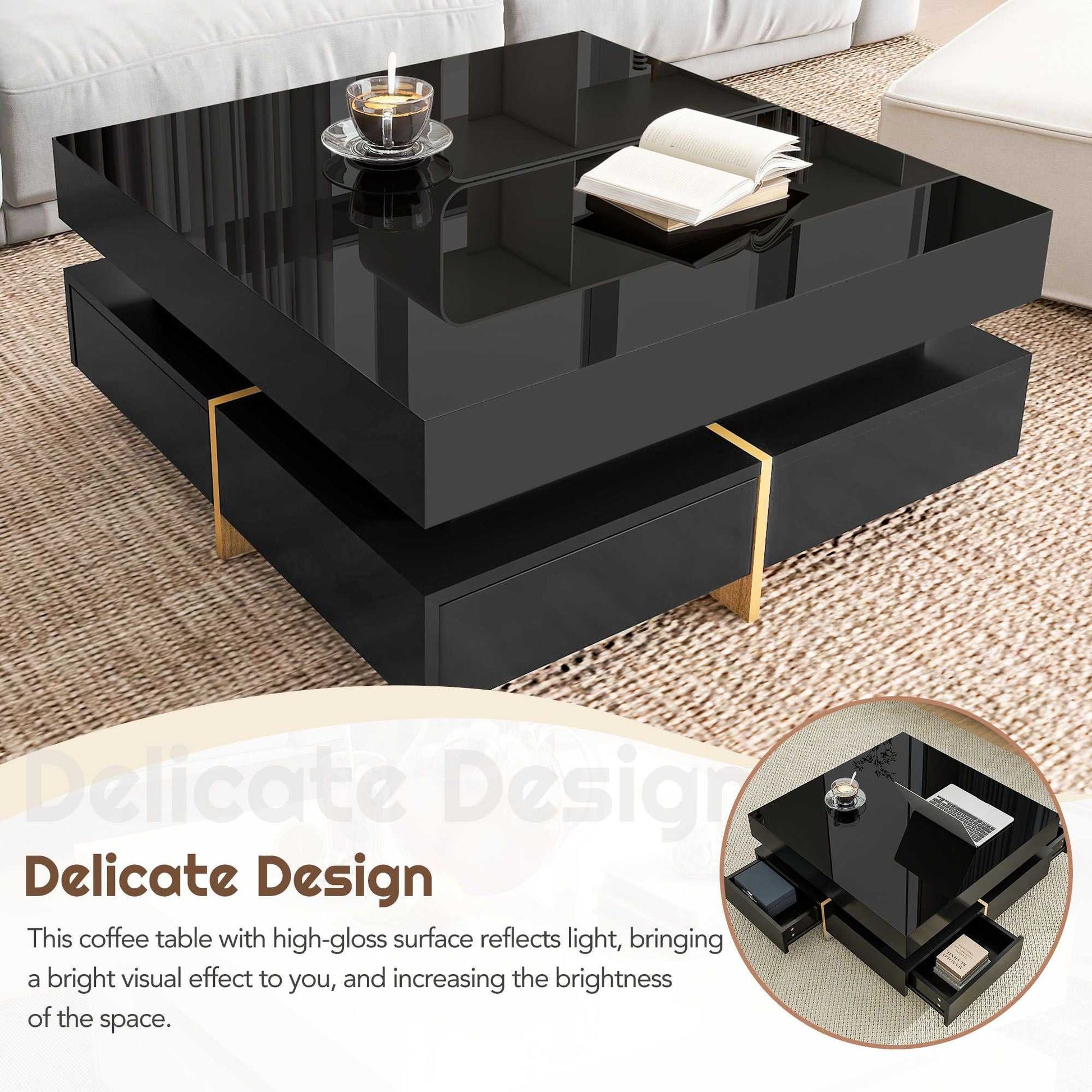 ON-TREND Modern High Gloss Coffee Table with 4 Drawers, Multi-Storage Square Cocktail Tea Table with Wood Grain Legs, Center Table for Living Room, 31.5''x31.5'', Black - luxuryhomedecoridea.com