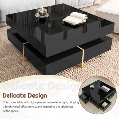 ON-TREND Modern High Gloss Coffee Table with 4 Drawers, Multi-Storage Square Cocktail Tea Table with Wood Grain Legs, Center Table for Living Room, 31.5''x31.5'', Black - luxuryhomedecoridea.com