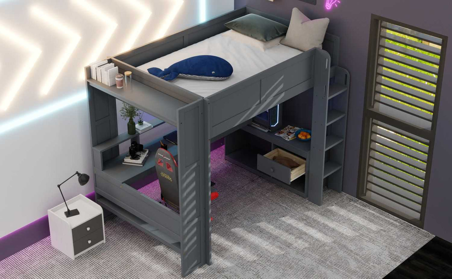 Wood Full Size Gaming Loft Bed with Desk, Multi-storage Shelves, LED and Charging Station, Dark Gray(Old SKU:SM000374AAE) - luxuryhomedecoridea.com