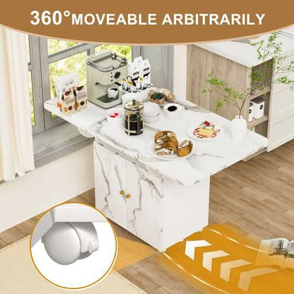 47" Wood Folding Dining Table with storage rack and cabinet, Removable Entryway Table with 6 Wheels, White Marble Color Kitchen Island, Side Table and Coffee Table Versatile Table Space Saving - luxuryhomedecoridea.com
