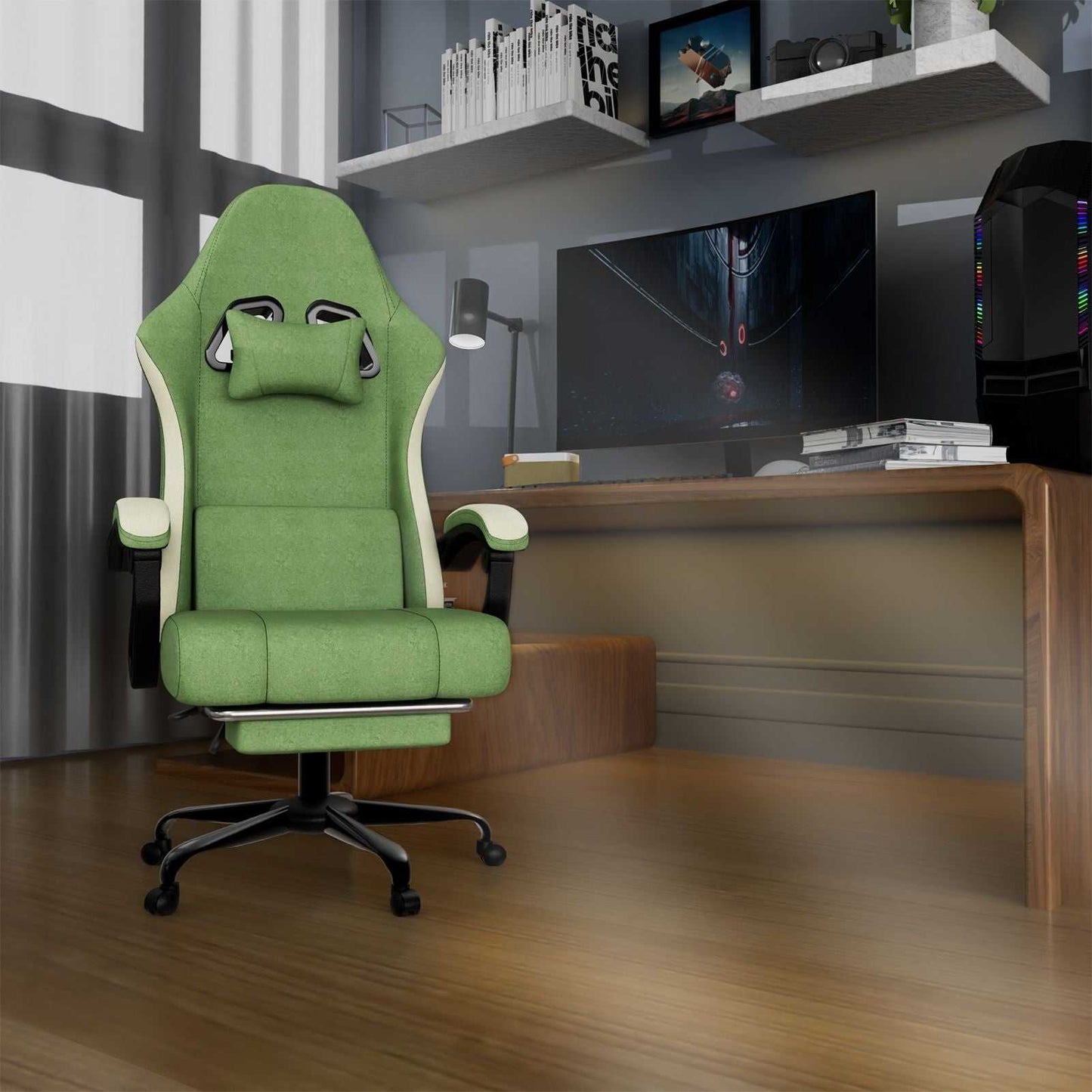 Ergonomic Gaming Chair with Pocketed Spring Cushion, Breathable Fabric Computer Chair with Footrest, Adjustable Lumbar Support Video Game Chair for Adults (Fabric) - luxuryhomedecoridea.com
