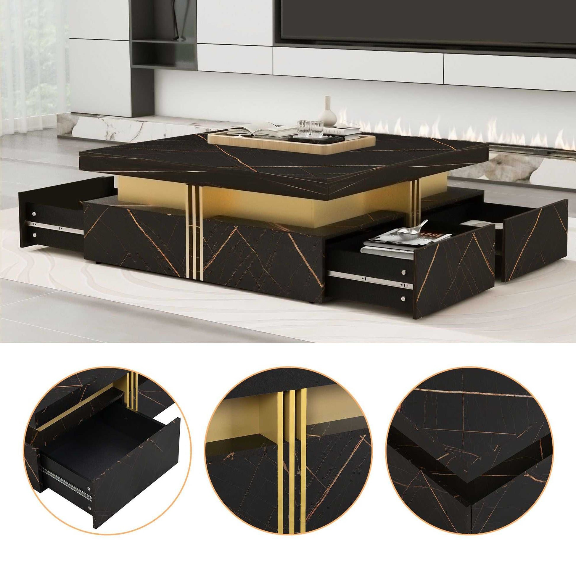 Modern Black Square Storage Coffee Table With 4 Drawers - luxuryhomedecoridea.com