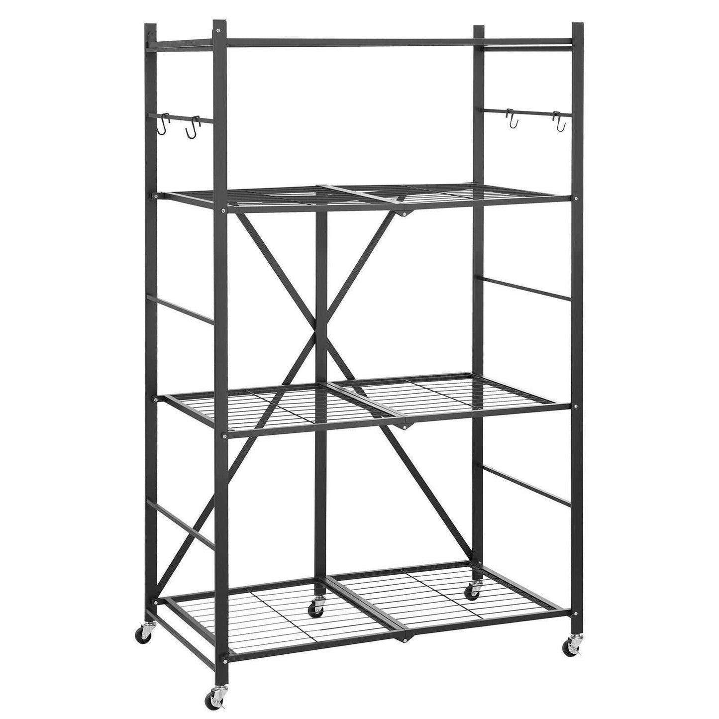 VEVOR 4-Tier Foldable Storage Shelf, 36W x 21D x 60H Inch Folding Metal Rack Shelving Unit, No Assembly Organizer Shelf with 5 Wheels & 4 Hooks for Pantry, Kitchen, Garage, Basement, Black - luxuryhomedecoridea.com