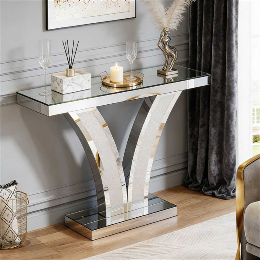Mirror console table, modern entrance table, foyer table, storage desk, unique V-shaped design - luxuryhomedecoridea.com