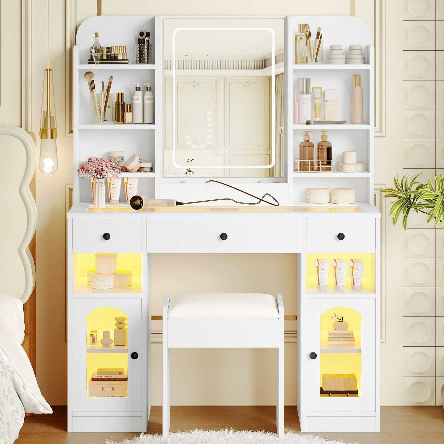 43.2" Vanity Desk with LED Mirror and Lights, Glass Top Vanity with RGB Glass Light Cabinets, Dressing Table with 3 Drawers ,Storage Shelves and Stool for Bedroom - luxuryhomedecoridea.com