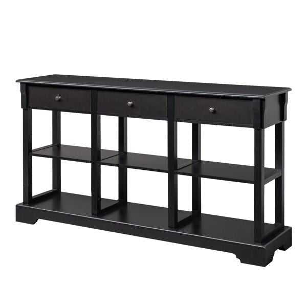 Console Sofa Table with Ample Storage; Retro Kitchen Buffet Cabinet Sideboard with Open Shelves and 3 Drawers; Accent Storage Cabinet for Entryway/Living Room Black Color - luxuryhomedecoridea.com