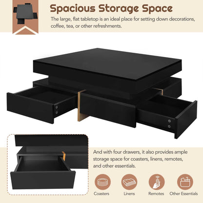 ON-TREND Modern High Gloss Coffee Table with 4 Drawers, Multi-Storage Square Cocktail Tea Table with Wood Grain Legs, Center Table for Living Room, 31.5''x31.5'', Black - luxuryhomedecoridea.com