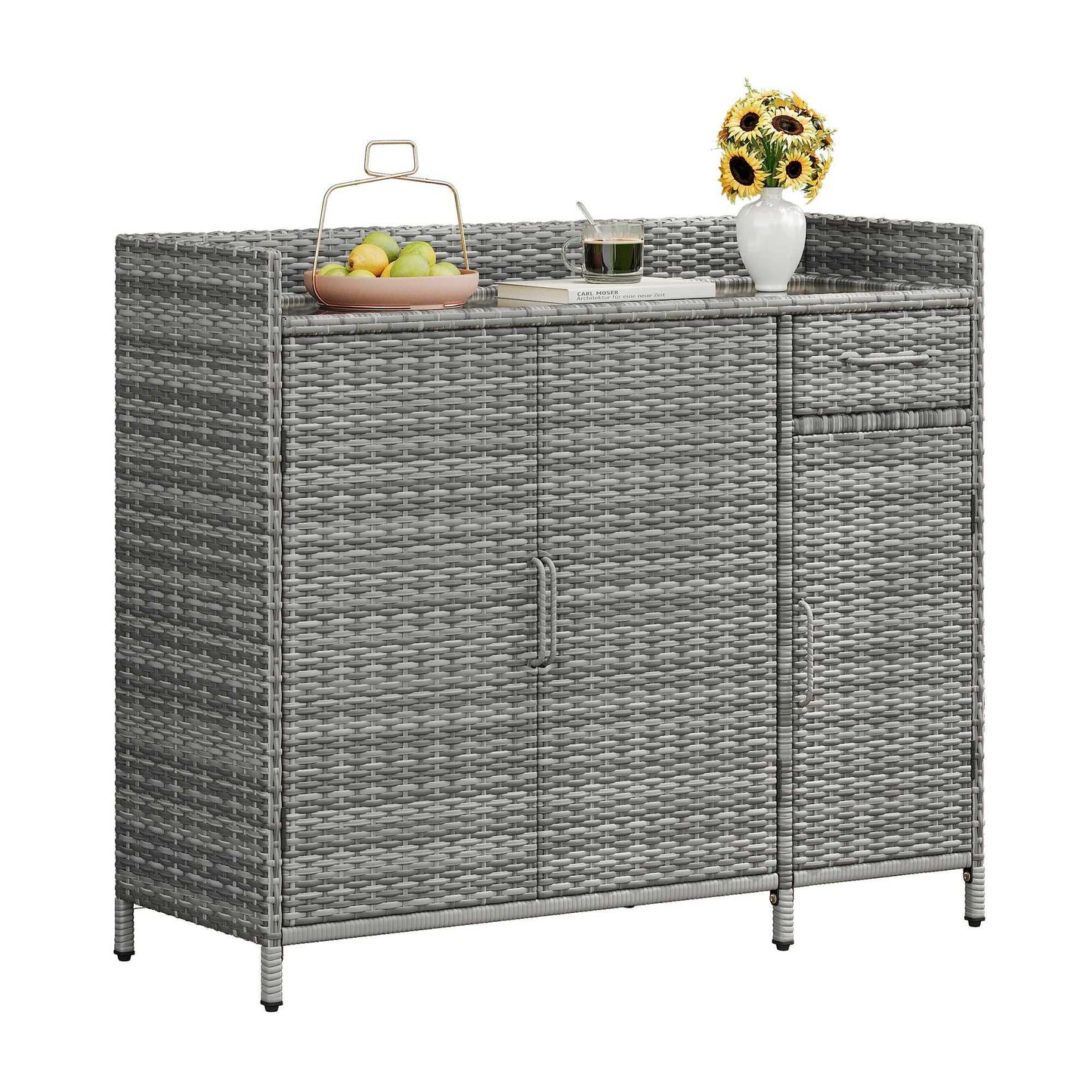 47.5"W Wicker Outdoor Storage Cabinet with Tempered Glass Desktop, Weather-proof Rattan Bar Table with Three Doors, Adjustable Shelf, and One Drawer, for Outdoor Cushions, Pool Toys - luxuryhomedecoridea.com