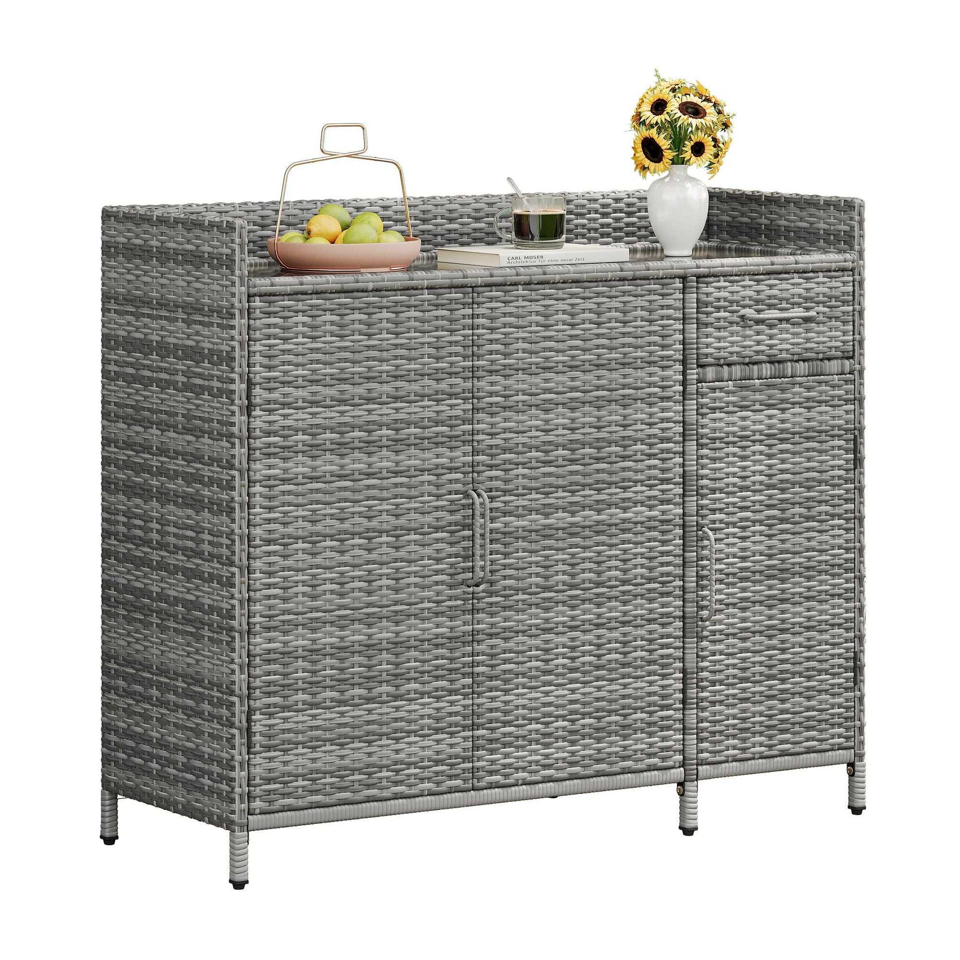 47.5"W Wicker Outdoor Storage Cabinet with Tempered Glass Desktop, Weather-proof Rattan Bar Table with Three Doors, Adjustable Shelf, and One Drawer, for Outdoor Cushions, Pool Toys - luxuryhomedecoridea.com