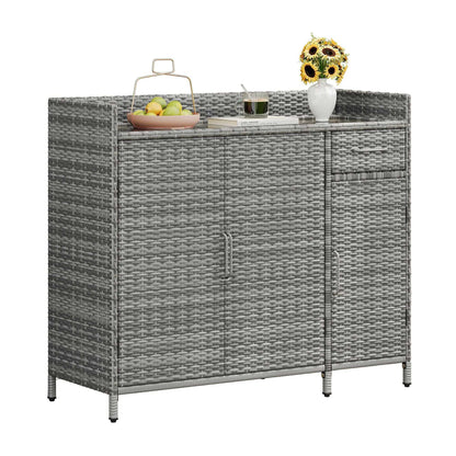 47.5"W Wicker Outdoor Storage Cabinet with Tempered Glass Desktop, Weather-proof Rattan Bar Table with Three Doors, Adjustable Shelf, and One Drawer, for Outdoor Cushions, Pool Toys - luxuryhomedecoridea.com