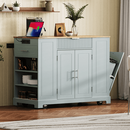 Fluted Kitchen Island with Trash Can Storage Cabinet, Power Outlet, Internal Storage Rack, Rolling Kitchen Islands on 5 Wheels with 3 Drawer, 3 Open Side Racks for 10 Gallon Garbage Bin - luxuryhomedecoridea.com