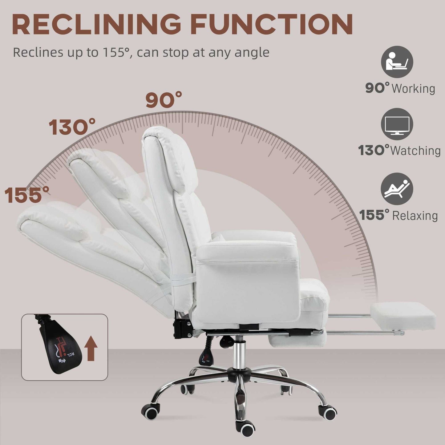 Executive Office Chair with Footrest and Lumbar Support, PU Leather Reclining Office Desk Chair, Ergonomic and Swivel, White - luxuryhomedecoridea.com