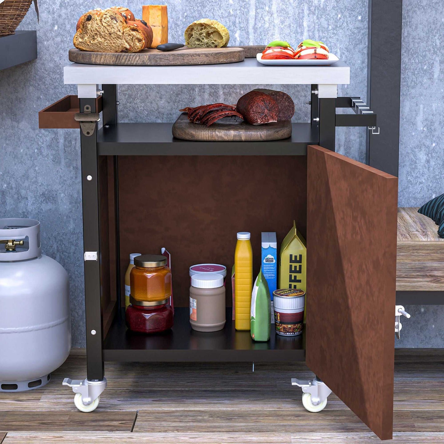 Outdoor Grill Cart with Stainless Steel Tabletop, Storage, Patio Kitchen Island with Wheels, Hooks, and Spice Rack, Waterproof Outdoor Grill Table, Movable BBQ Serving Cart Rolling Bar Cart - luxuryhomedecoridea.com
