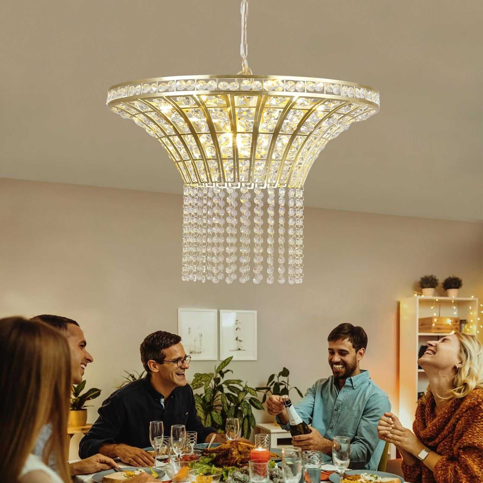 (Same as W1340P189414/L005016-D600-P8G) 24" Modern Crystal Round Chandelier with Gold Finish, Elegant Pendant Light with Cascading Beads, for Dining Room, Living Room, or Foyer (No Bulbs) - luxuryhomedecoridea.com