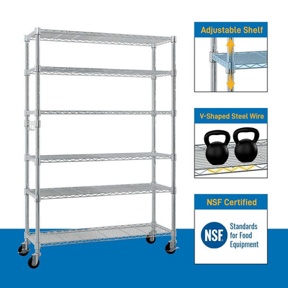 6 Tier Removable and Freely Adjustable NSF Certified Wire Shelving Unit with Wheels Heavy Duty Metal Storage Rack for Kitchen Garage Pantry Commercial Use 48x18x72 Inches Silver - luxuryhomedecoridea.com