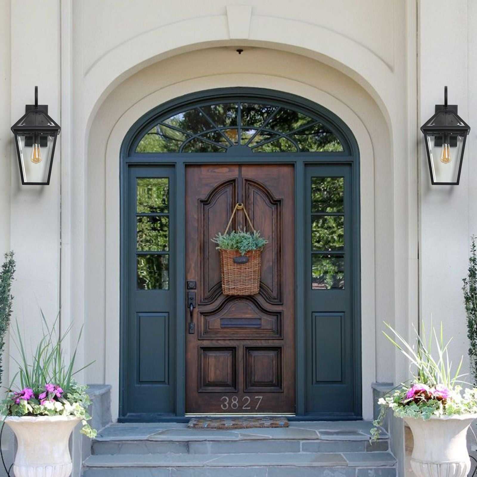 21"(H) 2-Pack Outdoor Wall Lantern Light – Modern Black Metal & Clear Glass Sconce for Porch, Patio, and Garden Lighting (Bulb Not Included) - luxuryhomedecoridea.com