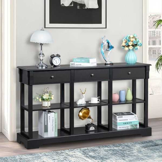 Console Sofa Table with Ample Storage; Retro Kitchen Buffet Cabinet Sideboard with Open Shelves and 3 Drawers; Accent Storage Cabinet for Entryway/Living Room Black Color - luxuryhomedecoridea.com