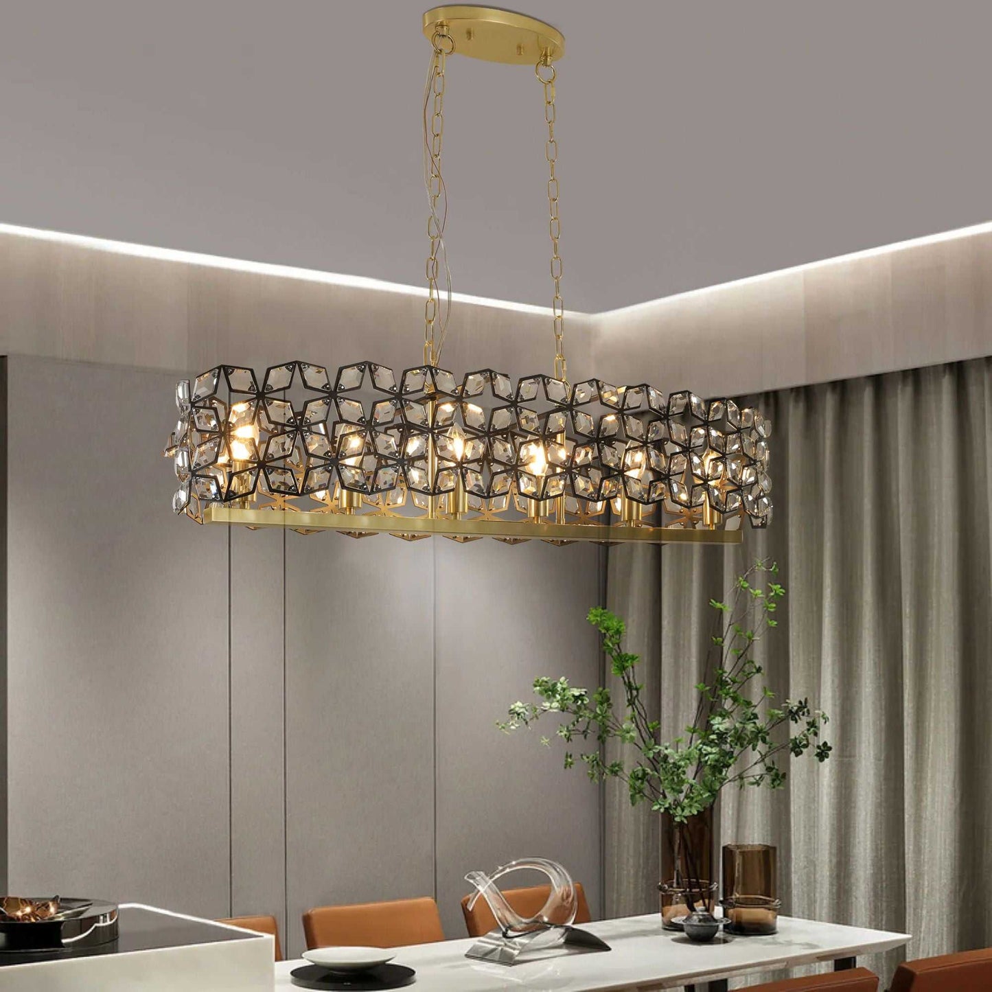 39" Contemporary Crystal and BlackGold Pendant Chandelier – Geometric Modern Light Fixture for Dining Room, Kitchen, or Living Room (Bulb Not Included) - luxuryhomedecoridea.com