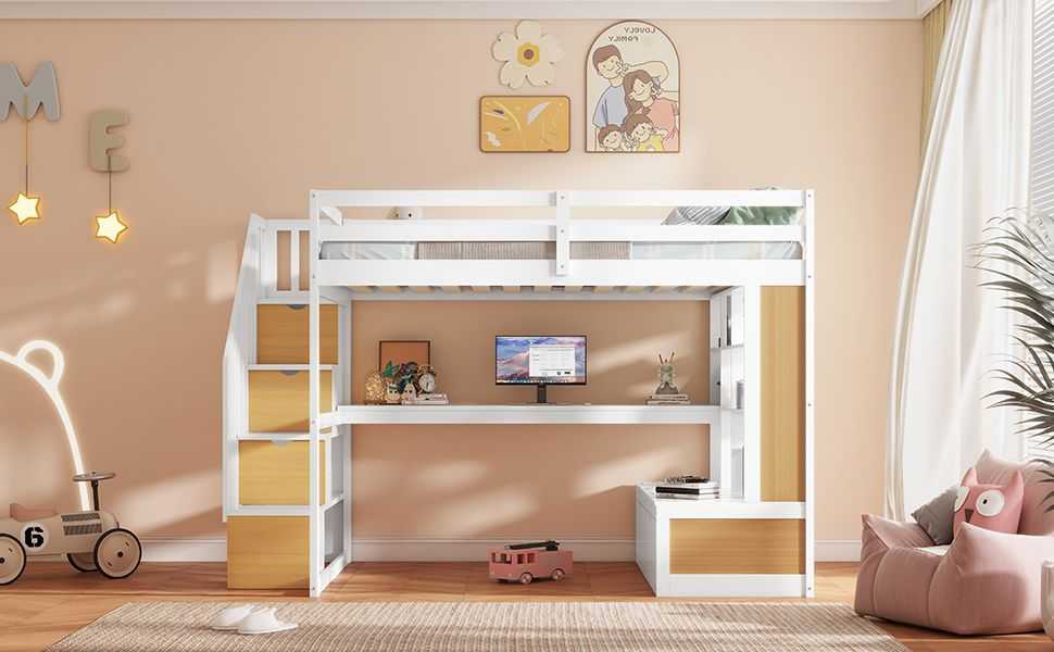 Full Size Loft Bed with Desk and Shelves, Two Built-in Drawers, Storage Staircase, White and Natural - luxuryhomedecoridea.com