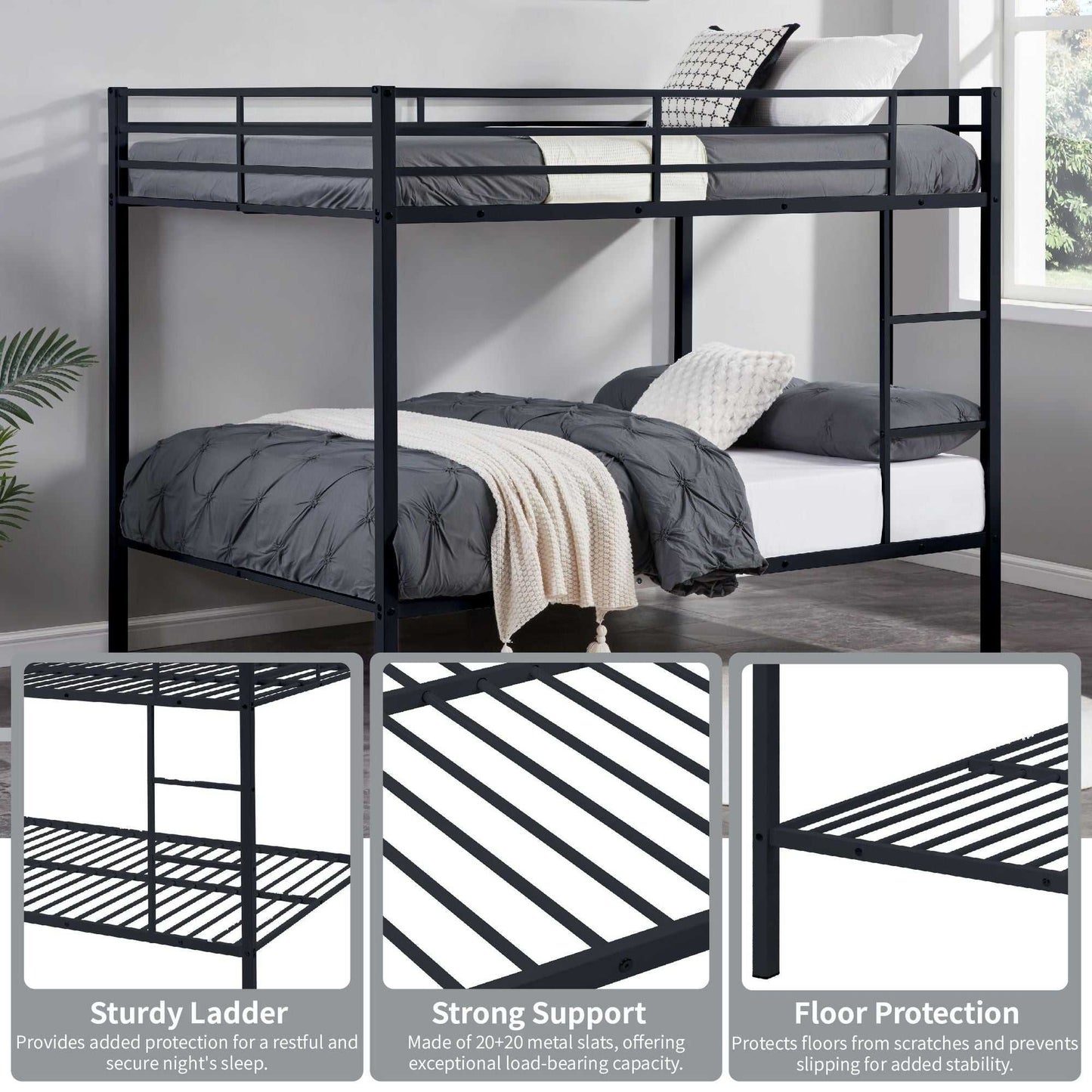 Full Over Full Bunk Bed, Heavy Duty Metal Bunk Bed Frame with Built-in Ladder and Safety Guard Rail, Low Metal Bunk Bed Frame for Kids, No Boxspring Required, For Small Spaces, Black - luxuryhomedecoridea.com
