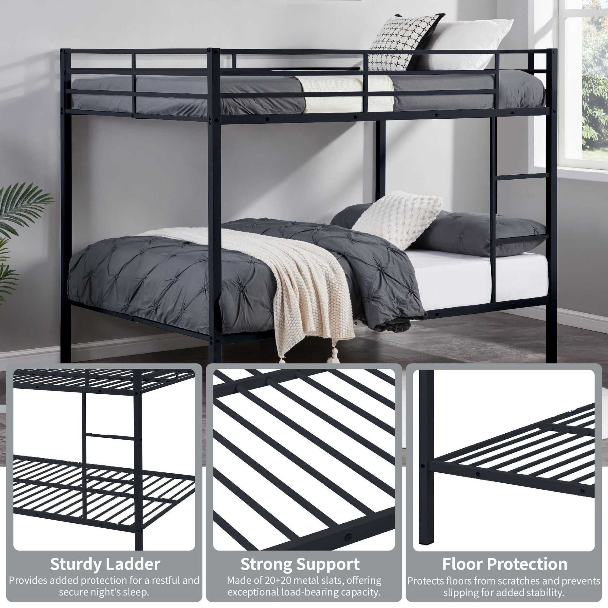 Full Over Full Bunk Bed, Heavy Duty Metal Bunk Bed Frame with Built-in Ladder and Safety Guard Rail, Low Metal Bunk Bed Frame for Kids, No Boxspring Required, For Small Spaces, Black - luxuryhomedecoridea.com