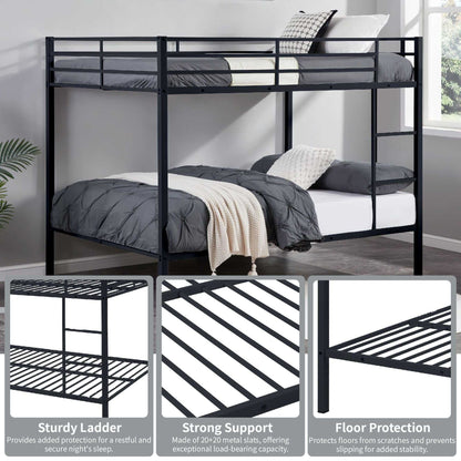 Full Over Full Bunk Bed, Heavy Duty Metal Bunk Bed Frame with Built-in Ladder and Safety Guard Rail, Low Metal Bunk Bed Frame for Kids, No Boxspring Required, For Small Spaces, Black - luxuryhomedecoridea.com