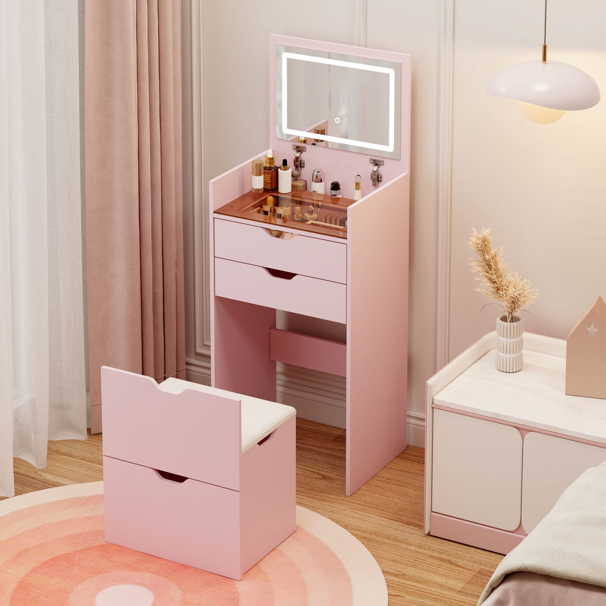 Dressing Table and Stool, 3-in-1 Multifunctional Dressing Table Set, Featuring Three-color Lighting Modes, HD Mirror, Two Sliding Drawers, and a Hidden Storage Stool - luxuryhomedecoridea.com